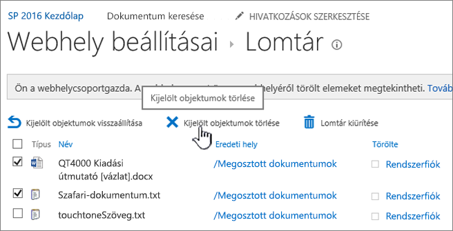 SharePoint 2016 – Újrahasznosítás oldal a Törlés gomb kijelölésével