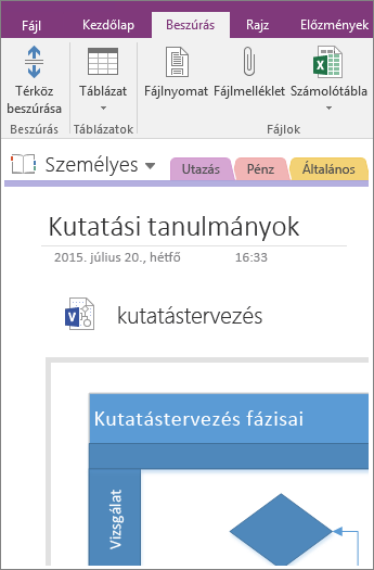 Képernyőkép arról, hogy miként adhat hozzá egy meglévő Visio-diagramot a OneNote 2016-ban