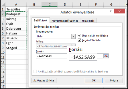 Legördülő lista, amelynek egy tartomány a forrása