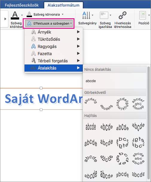 Az Alakzat formázása lap Szövegeffektusok eleme kiemelve.