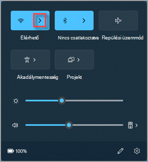 Hol található a "Wi-Fi kapcsolatok kezelése" kifejezés a Windows 11 gyorsbeállítások között.