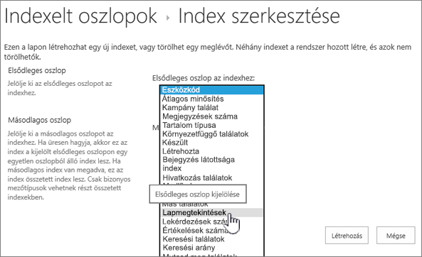 Tárgymutató-lap szerkesztése a legördülő menüben kijelölt oszloppal