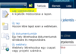 A Webhelyműveletek menü Lap szerkesztése parancsa