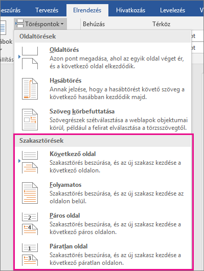 Az Elrendezés lapon kiemelt szakasztöréstípusok.