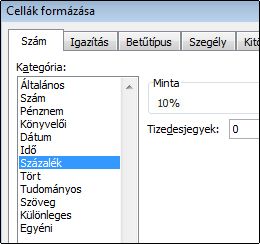A Cellák formázása párbeszédpanel Százalék kategóriája