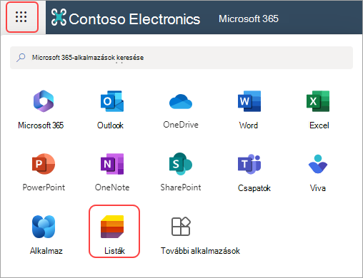 Képernyőkép a Microsoft 365 Alkalmazásindító és Listák alkalmazásáról.