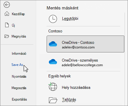 A Mentés másként párbeszédpanel a OneDrive-val