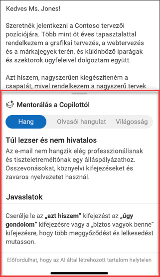 A Copilot hangnemre, érthetőségre és olvasói hangulatra vonatkozó javaslatai az Outlook mobilverziójában