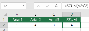 Helyes képletszerkesztés.  Az =A2+B2+C2 helyett a D2 cellában szereplő képlet a következő: =SZUM(A2:C2)