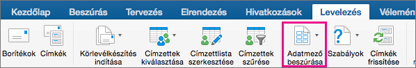 A Levelezés lapon kiemelt Adatmező beszúrása elem