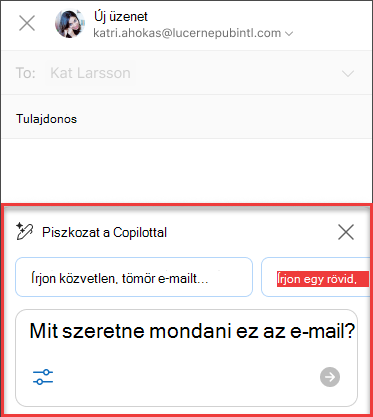 Néhány „Mit szeretne, miről szóljon ez az e-mail” szöveg a Piszkozathoz az Outlook Copilotban