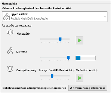 Hangeszköz testre szabott beállításai – hangszóró, mikrofon, csengőhang