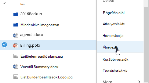 Ellipszis menü a kijelölt Átnevezés gombbal