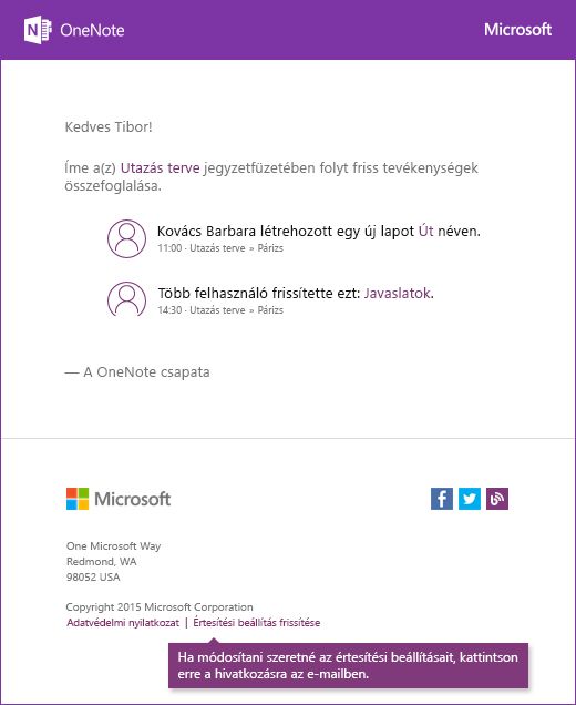 A OneNote értesítési e-mail-üzenetmintája