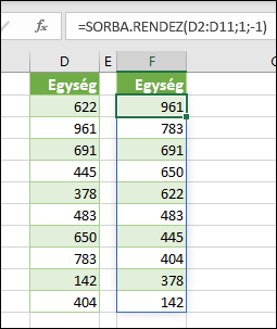 A D2:D11 cellák értékeinek rendezése a következővel: =SORBA.RENDEZ(D2:D11;1;-1)