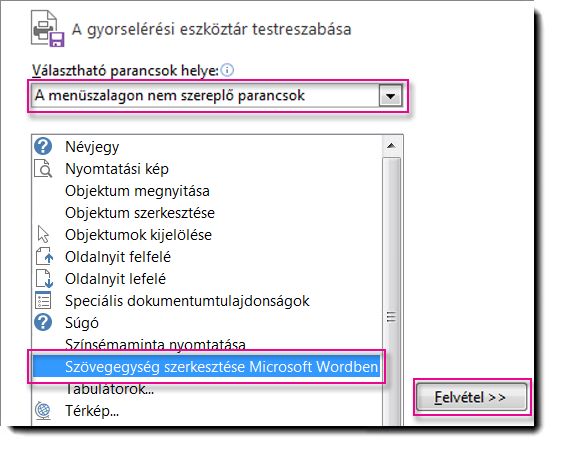 A Szövegegység szerkesztése Microsoft Wordben gomb felvétele a Publisher gyorselérési eszköztárába