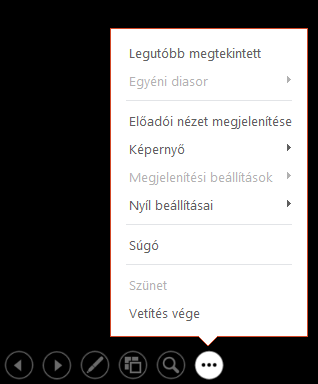 A PowerPoint előadói nézetének menüje
