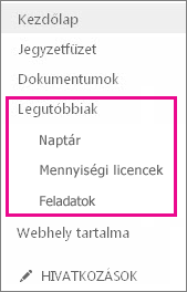 A Fontos rovatok sáv Legutóbbiak hivatkozása alatt a legutóbb létrehozott lapok, listák és tárak láthatók.