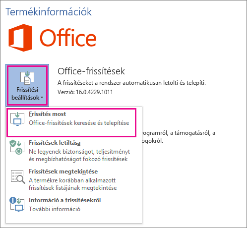 Office-frissítések manuális ellenőrzése a Word 2016-ban