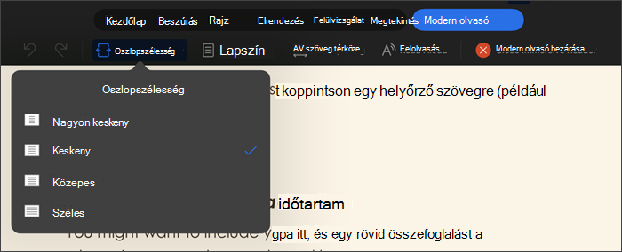 a modern olvasó képernyőképe, amelyen ki van választva az oszlopszélesség, a lehetőségek: nagyon keskeny, keskeny, közepes, széles