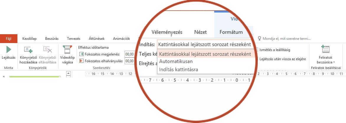 A számítógépen lévő videókra vonatkozó lejátszási beállítások: Kattintásokkal lejátszott sorozat részeként, Automatikusan és Indítás kattintásra