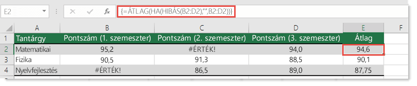 Tömbképlet az ÁTLAG függvényben az #ÉRTÉK! hiba javítása