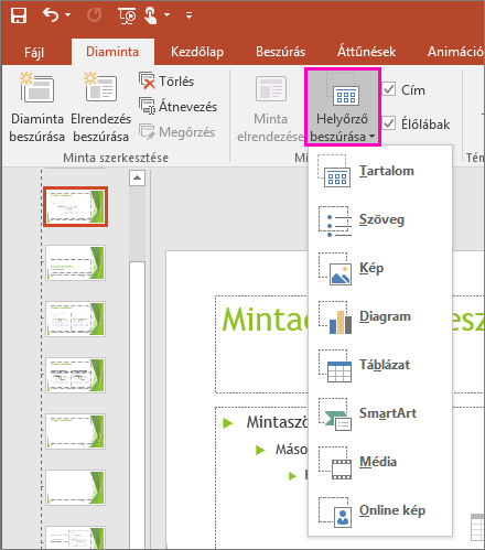 A Helyőrző beszúrása gomb a PowerPoint Diaminta nézetében