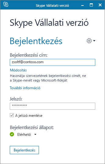 Képernyőkép a Skype Vállalati verzió bejelentkezési képernyőjéről