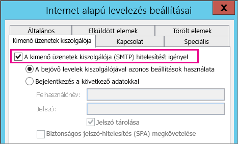 Válassza a kimenő levelek kiszolgálója hitelesítést követel meg lehetőséget.