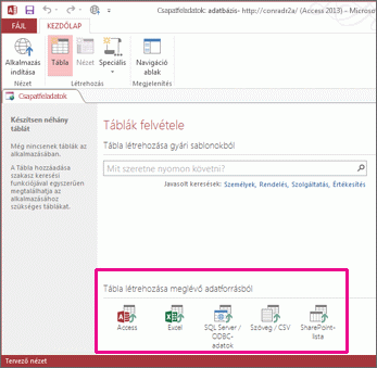 Meglévő adatforrásra vonatkozó lehetőségek a Táblák felvétele lapon