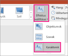 Az Alakváltás áttűnés Effektus beállításai menüjében kiválasztott Karakterek elem.
