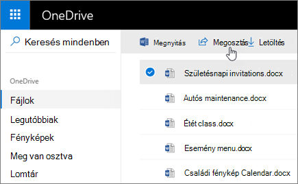 Képernyőkép a kijelölt fájlról és a Megosztás gombról a OneDrive-ban