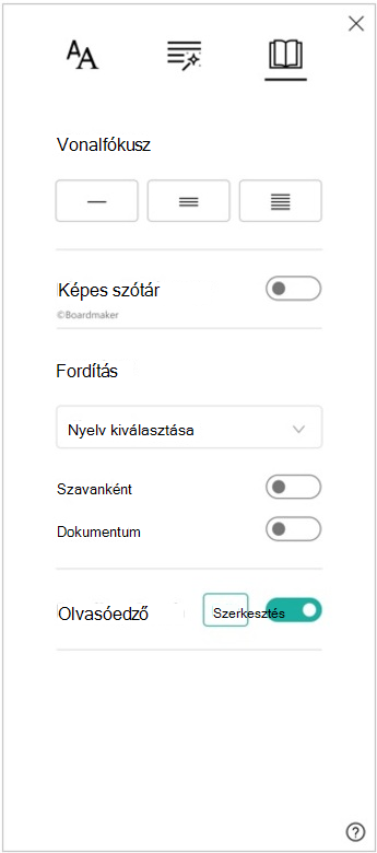 A modern olvasó olvasási beállítások panelének képernyőképe, amelyen a sorfókusz, a képes szótár, a fordítás és az Olvasási tréner beállításai láthatók.