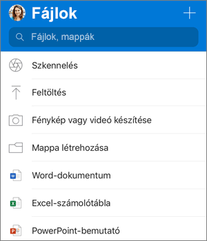 Képernyőkép az iOS OneDrive app Hozzáadás menüjéről