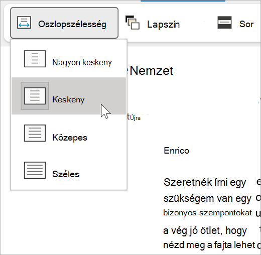 a modern olvasó oszlopszélesség legördülő listájának képernyőképe, a lehetőségek: nagyon keskeny, keskeny, közepes, széles