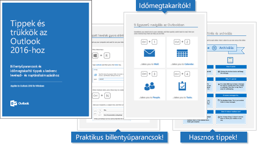 A Tippek és trükkök az Outlook 2016-hoz e-könyv fedőlapja és néhány tippet megjelenítő lapjai