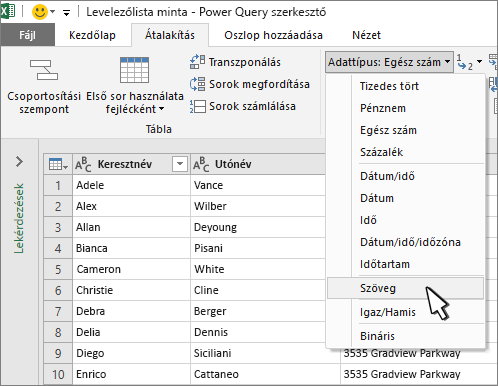 A Power Query ablak kijelölt szöveggel