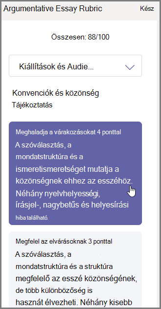 Válassza ki a kijelölt szakaszhoz hozzárendelni kívánt osztályzatot, és írja be alul a visszajelzést