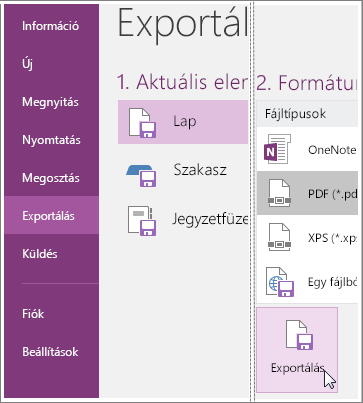 Képernyőkép: jegyzetlap exportálása a OneNote 2016-ban.