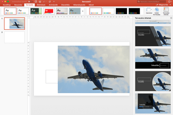 A kiválasztott tervezési ötletek azonnal megjelennek a dián teljes méretben