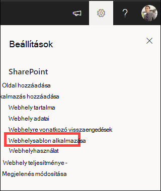 Beállítások a kiemelt Webhelysablon alkalmazása lehetőséggel.