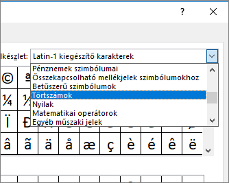 Válassza a Száműrlapok lehetőséget az Részhalmaz párbeszédpanelen a törtek és más matematikai szimbólumok megjelenítéséhez