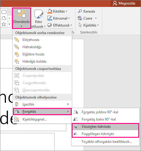 A PowerPoint Elrendezés > Forgatás > Tükrözés beállítása.