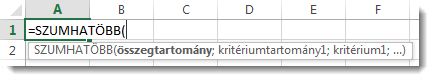 Az automatikus képletkiegészítés használata a SZUMHATÖBB függvény beírására