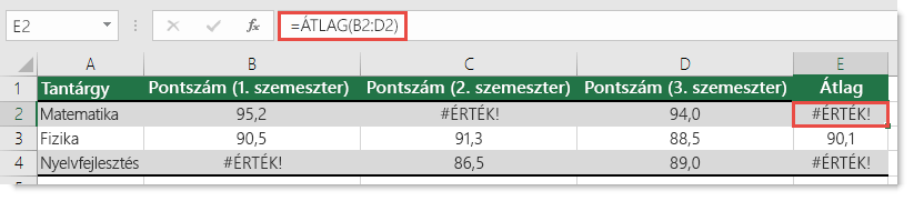 #ÉRTÉK! hiba az ÁTLAG függvényben