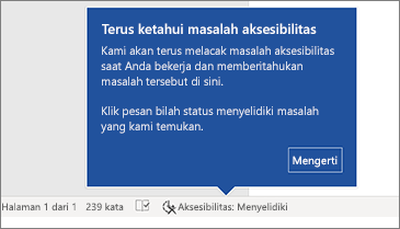 Bilah status memperlihatkan bahwa Pemeriksa Aksesibilitas sedang berjalan