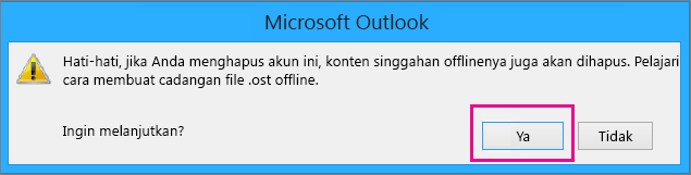 Saat Anda menghapus akun gmail Anda dari Outlook, klik Ya di peringatan tentang singgahan offline Anda sedang dihapus.