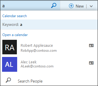 Daftar pencarian Kalender yang muncul saat Anda mengetikkan sesuatu di kotak Pencarian Kalender dan cocok dengan nama dalam daftar atau direktori kontak Anda.