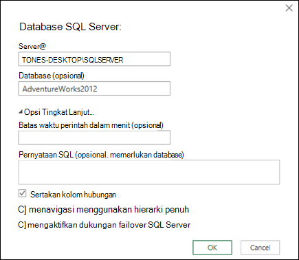 dialog koneksi database Power Query SQL Server