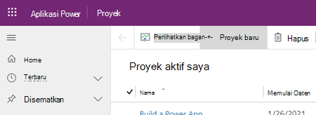 Tombol proyek baru di Project Power App